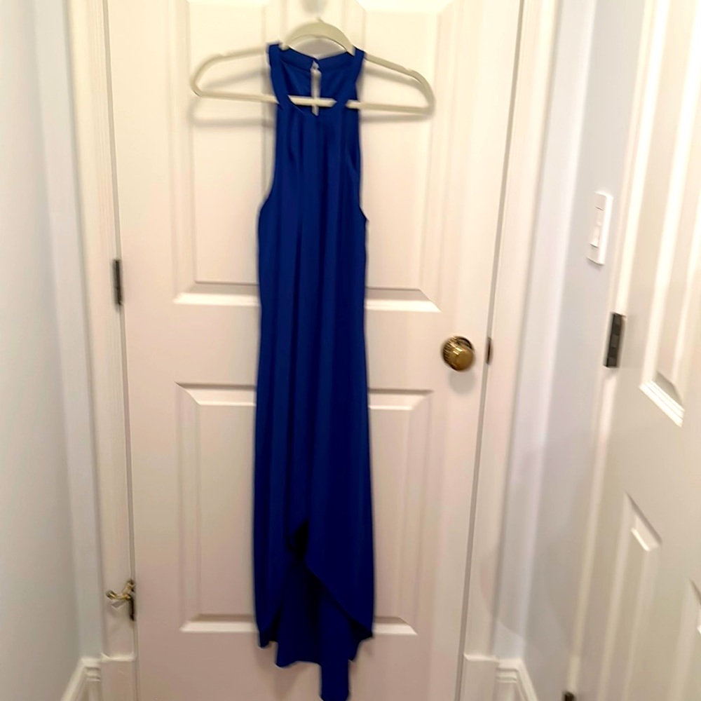 BCBG royal blue high-low sleeveless dress; size S: high neck with 2 back buttons